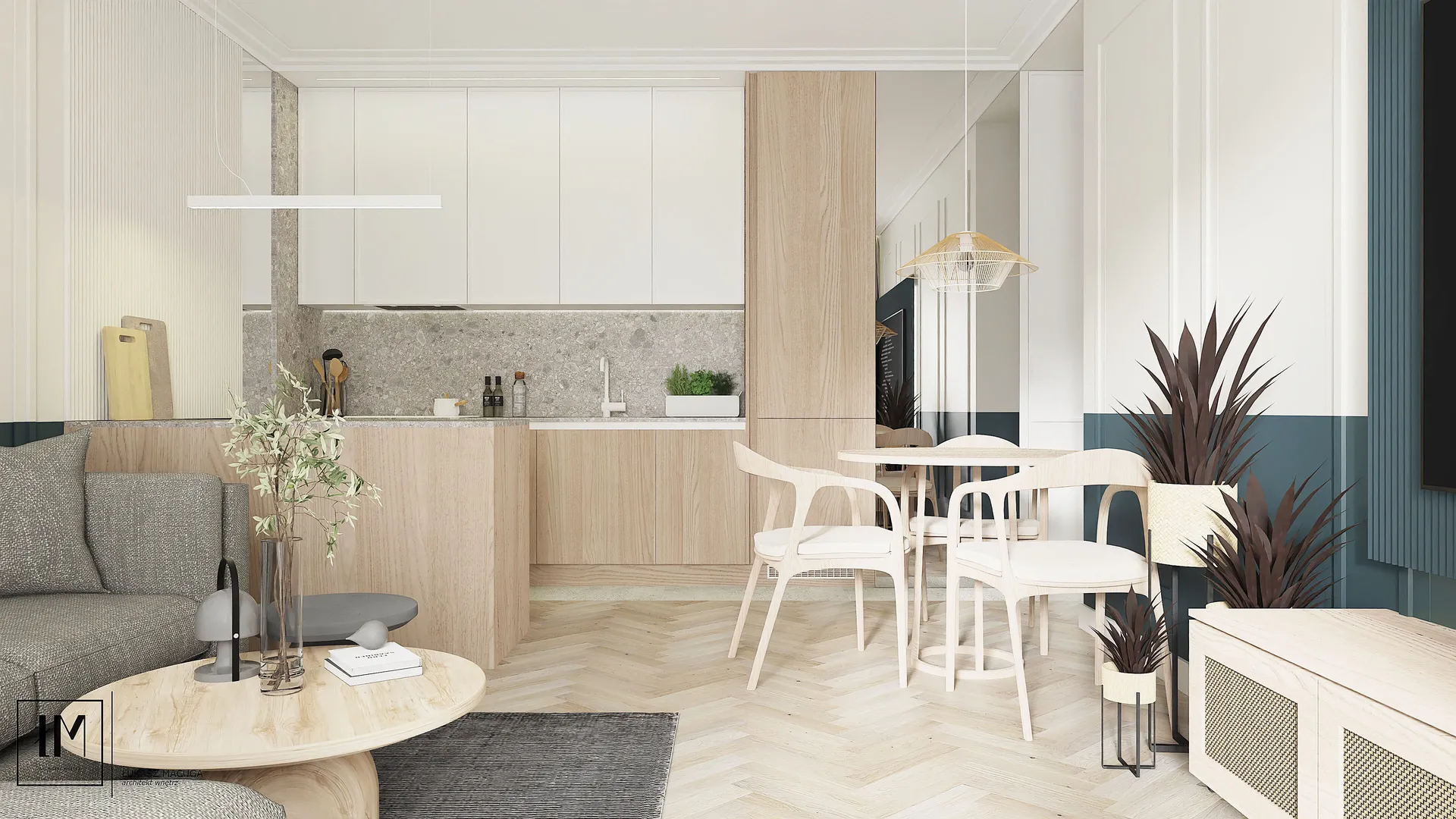 Salon z drewnem i jasną paletą – architekt wnętrz Słupsk, Łukasz Macuga